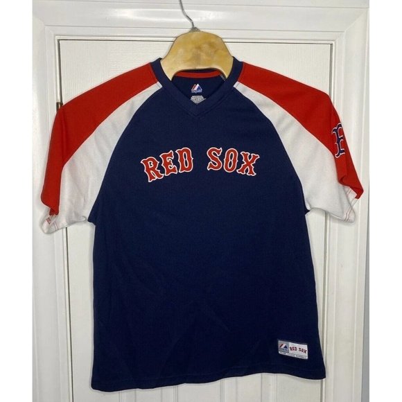 Majestic Mens MLB Boston Red Sox Short Sleeve Shirt Blue Red Large - Picture 1 of 6